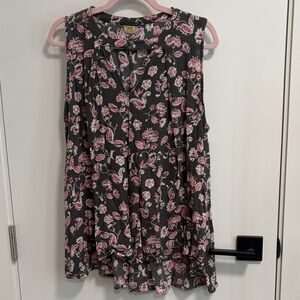 True Craft Black Tank Top with Pink Floral Print